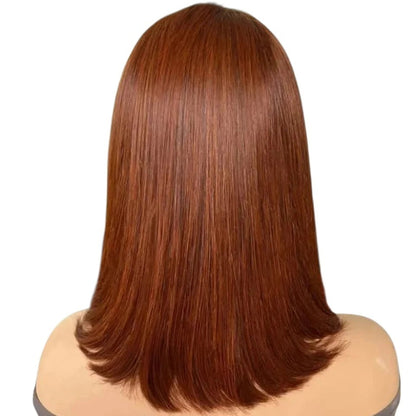RitzWigs reddish brown straight bob wig made of Peruvian human hair with a sleek finish on a mannequin head