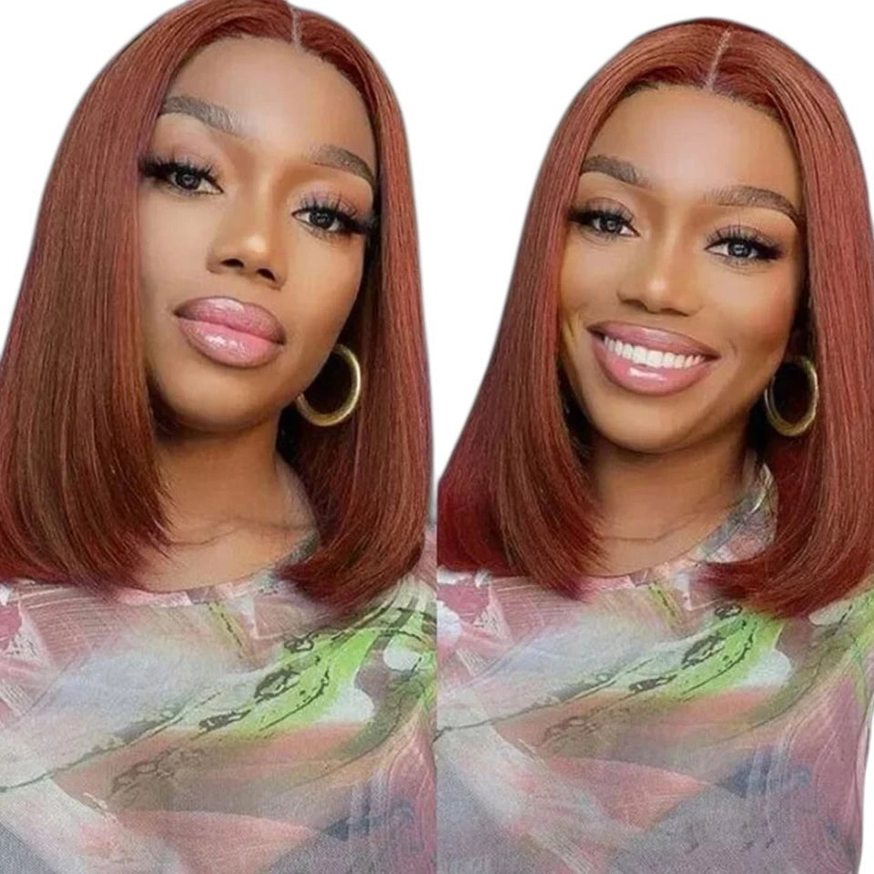 RitzWigs reddish brown straight bob lace front human hair wig worn by a smiling woman with gold hoop earrings