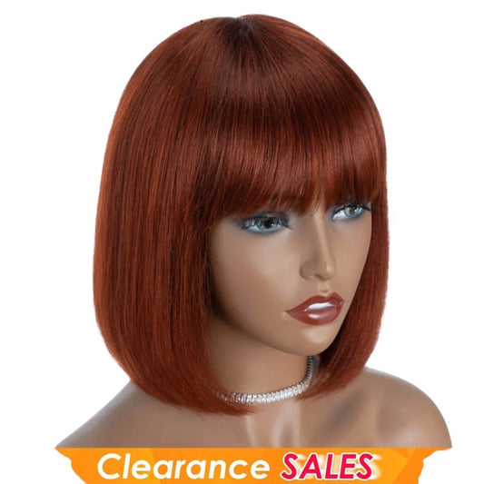 RitzWigs reddish brown short straight bob wig with bangs made from Brazilian human hair on a mannequin head