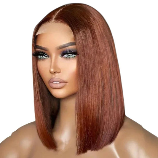 RitzWigs reddish brown straight bob lace front human hair wig on a mannequin with a natural hairline