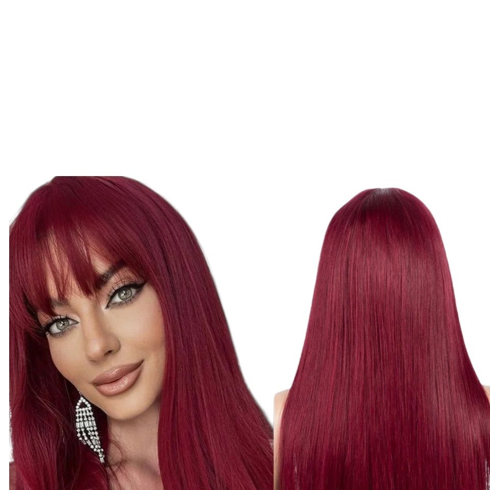 RitzWigs reddish brown straight human hair wig with bangs worn by a model, showing front and back views.