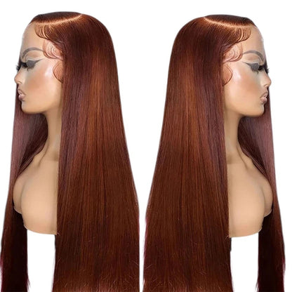 RitzWigs reddish brown straight human hair lace front wig with transparent lace and 180% density on a mannequin head