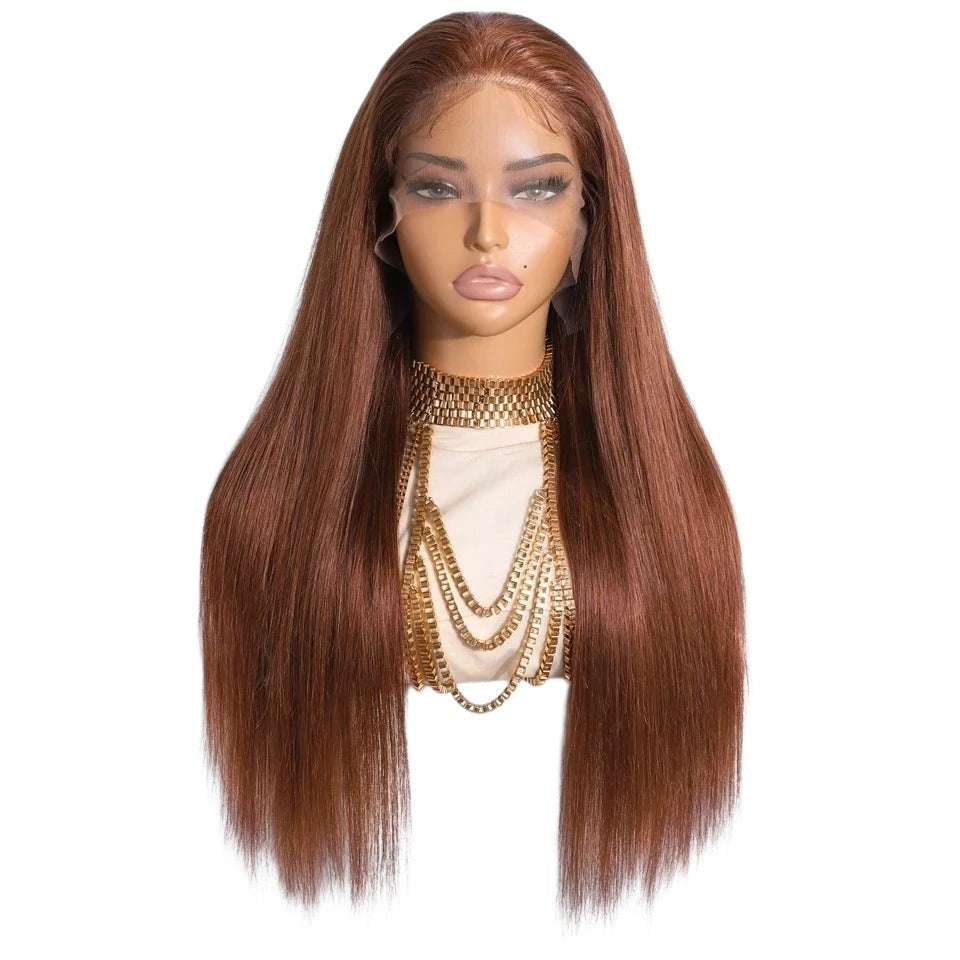 RitzWigs reddish brown straight human hair lace front wig on a mannequin wearing gold chain necklaces
