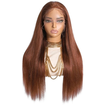 RitzWigs reddish brown straight human hair lace front wig on a mannequin wearing gold chain necklaces