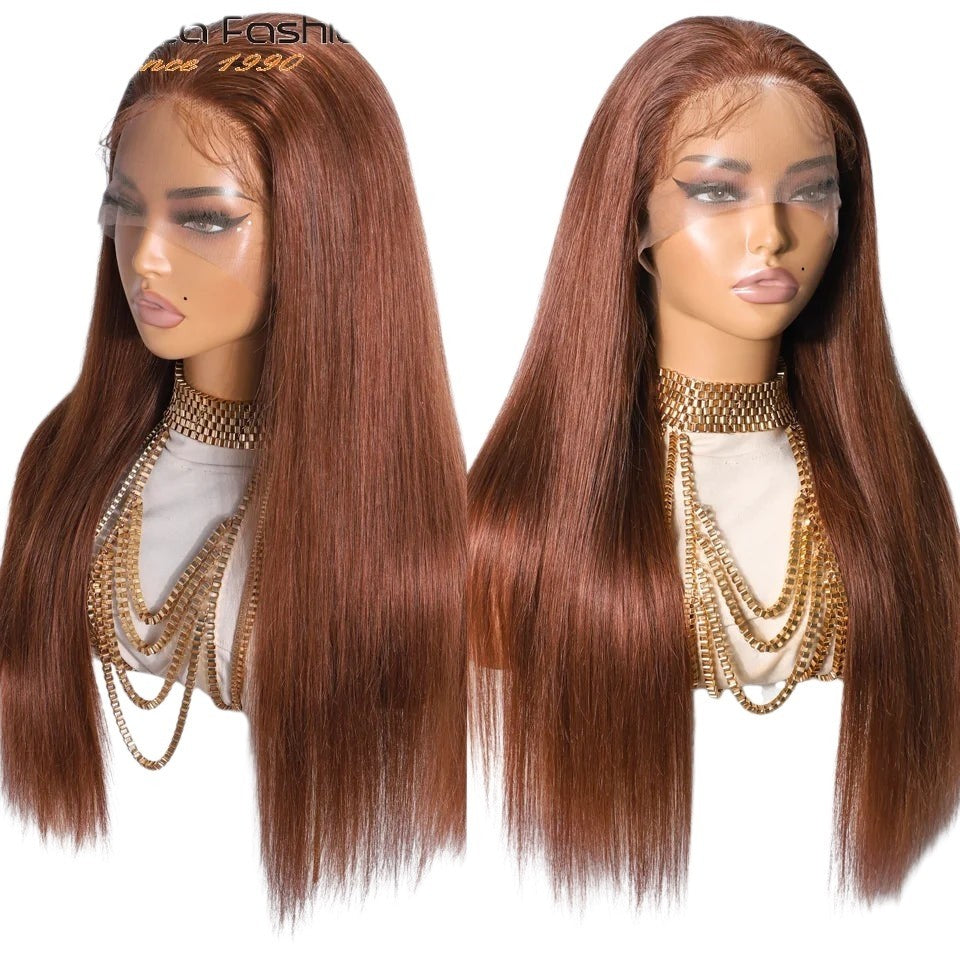 RitzWigs reddish brown straight human hair lace front wig on a mannequin wearing gold layered necklaces