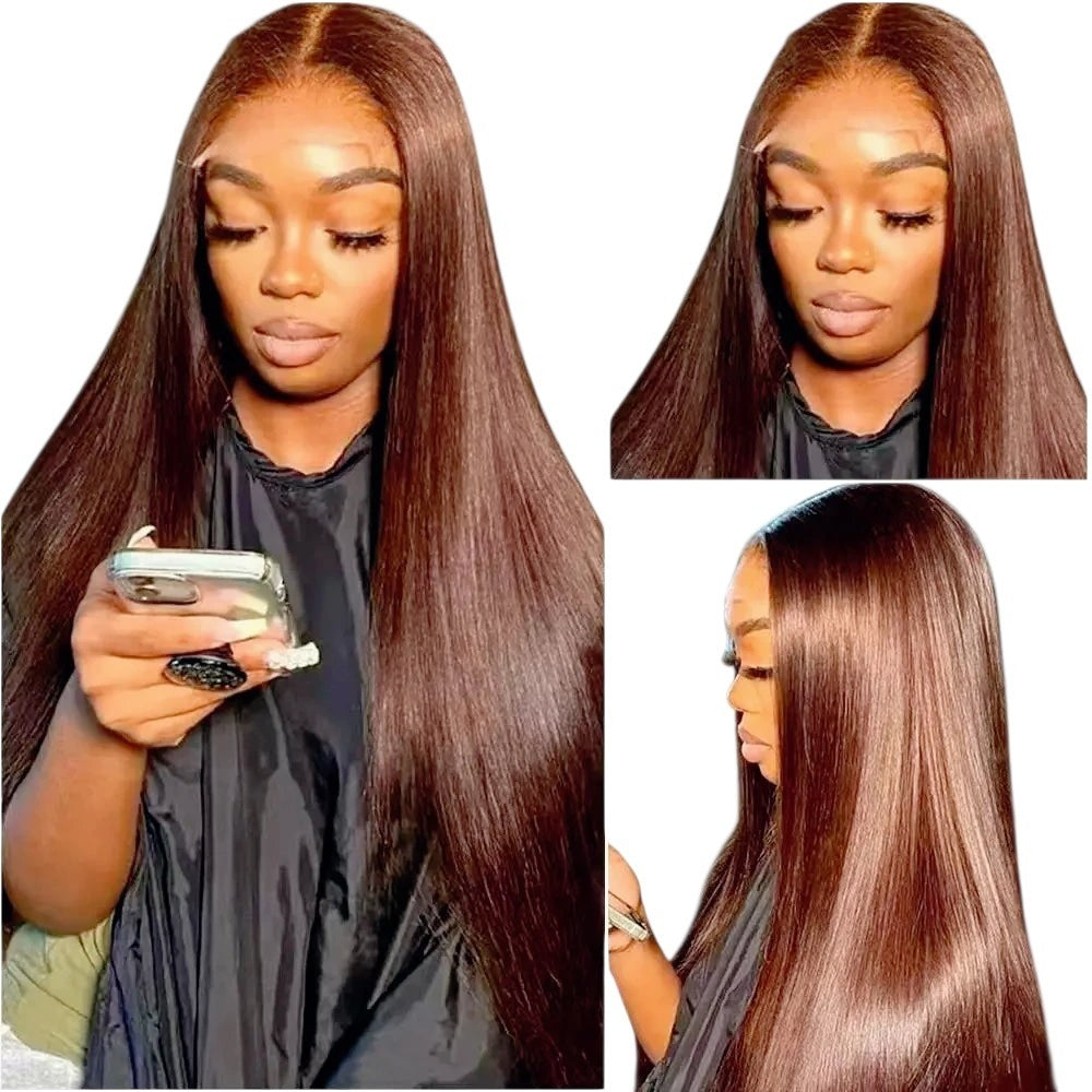 RitzWigs reddish brown straight human hair lace front wig worn by a model with a natural-looking transparent hairline