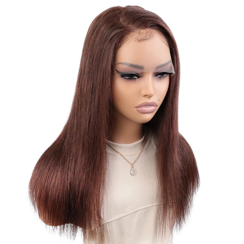 RitzWigs reddish brown straight human hair lace front wig on a mannequin head with transparent lace