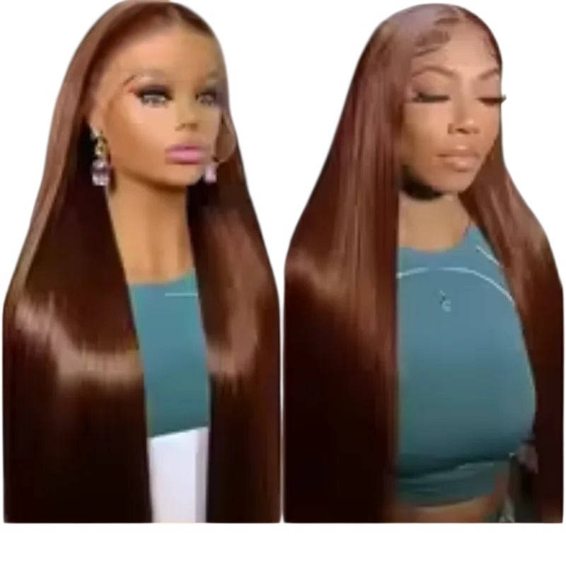 RitzWigs reddish brown straight human hair lace front wig with transparent lace on a mannequin head