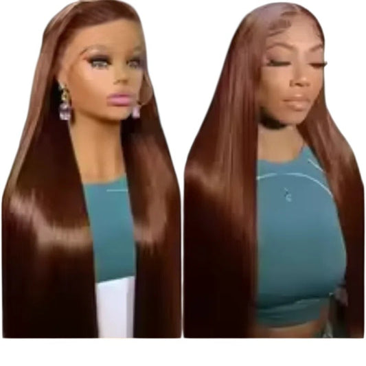 RitzWigs reddish brown straight human hair lace front wig with transparent lace on a mannequin head