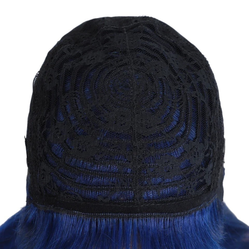 RitzWigs royal blue Brazilian Remy human hair wig showing the interior black lace cap construction
