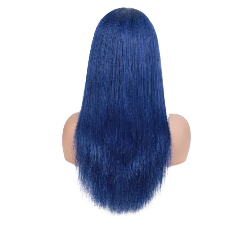 RitzWigs royal blue straight human hair wig on a mannequin head, back view showing long sleek texture