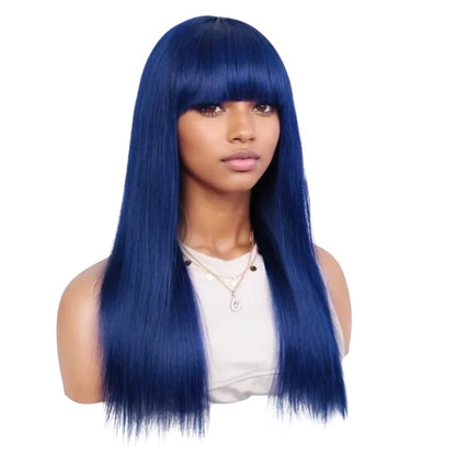 RitzWigs royal blue straight Brazilian Remy human hair wig with bangs on a mannequin head
