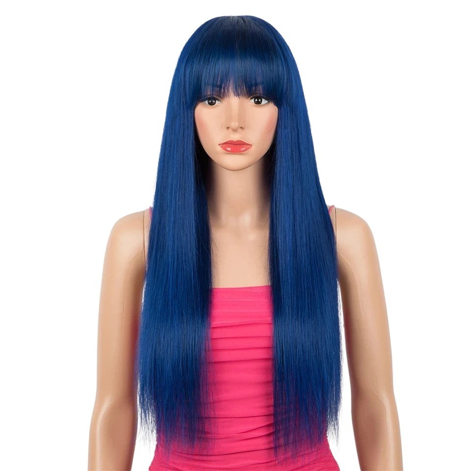 RitzWigs royal blue straight Brazilian Remy human hair wig with bangs on a mannequin