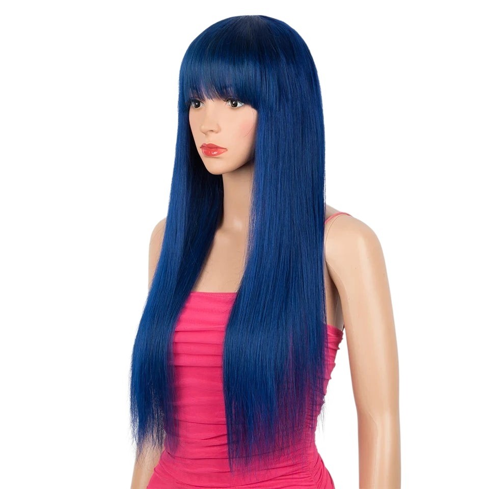 RitzWigs royal blue straight Brazilian Remy human hair wig with bangs on a mannequin wearing a pink top