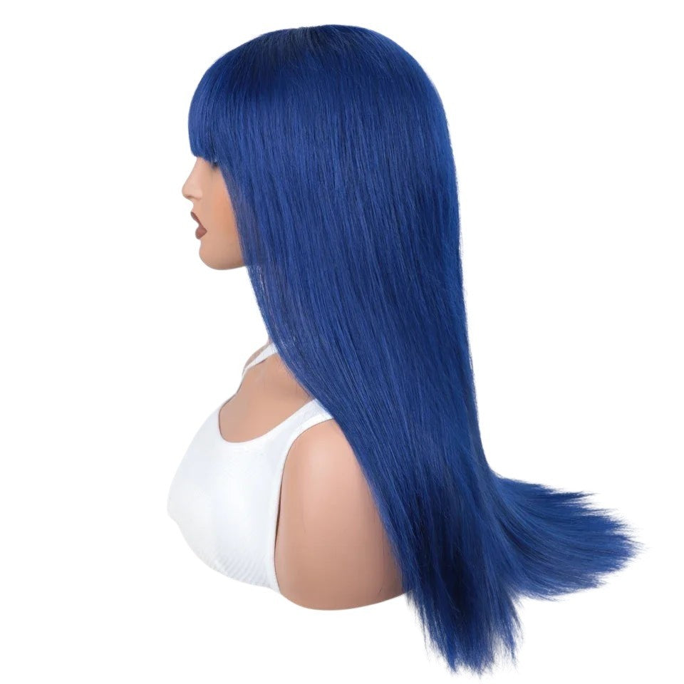 RitzWigs royal blue straight Brazilian Remy human hair wig with bangs on a mannequin head, side view.
