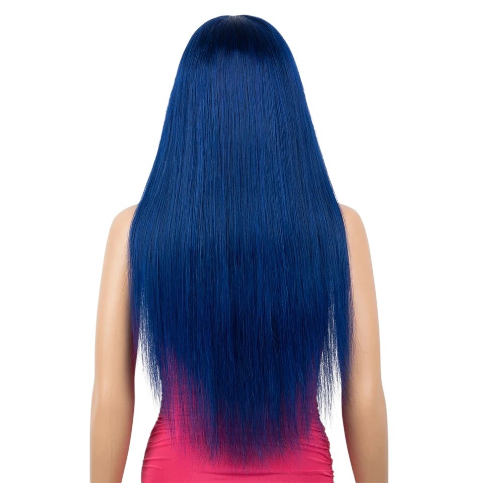 RitzWigs royal blue straight Brazilian Remy human hair wig shown from the back on a mannequin