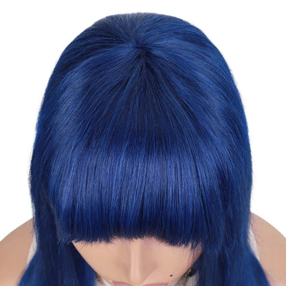 RitzWigs royal blue straight human hair wig with bangs on a mannequin head, top view showing natural part.