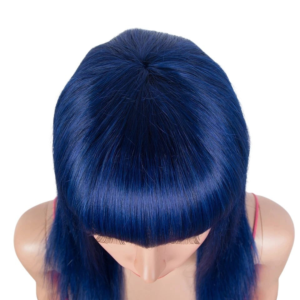 RitzWigs royal blue straight Brazilian Remy human hair wig with bangs on a mannequin head, top view.