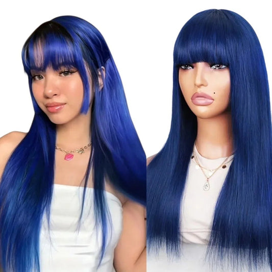 RitzWigs royal blue straight Brazilian Remy human hair wig with bangs worn by a model and on a mannequin head