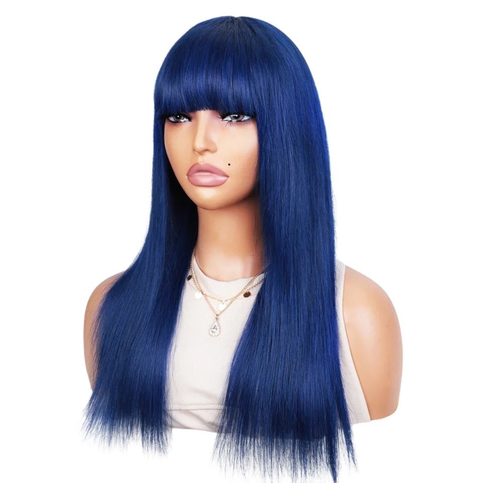 RitzWigs royal blue straight human hair wig with bangs on a mannequin head