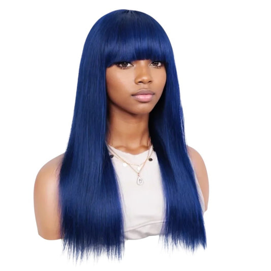 RitzWigs royal blue straight human hair wig with bangs on a mannequin, featuring a sleek and vibrant style.