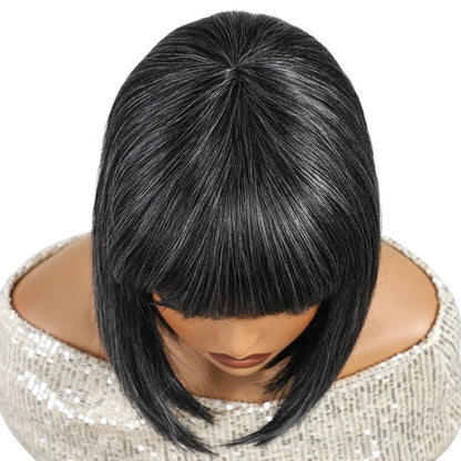 RitzWigs Rebecca Youth short salt and pepper straight bob wig with bangs on a mannequin head