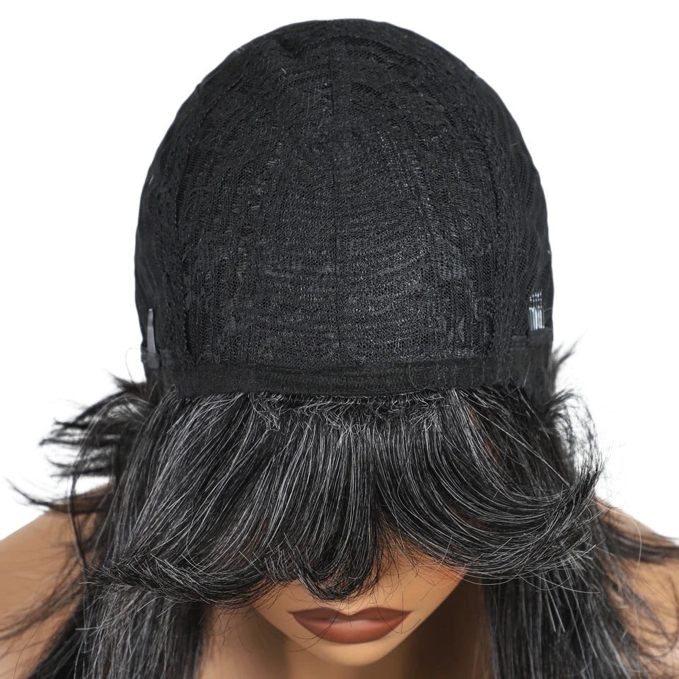 RitzWigs salt and pepper short kinky straight human hair bob wig showing the interior machine-made cap construction