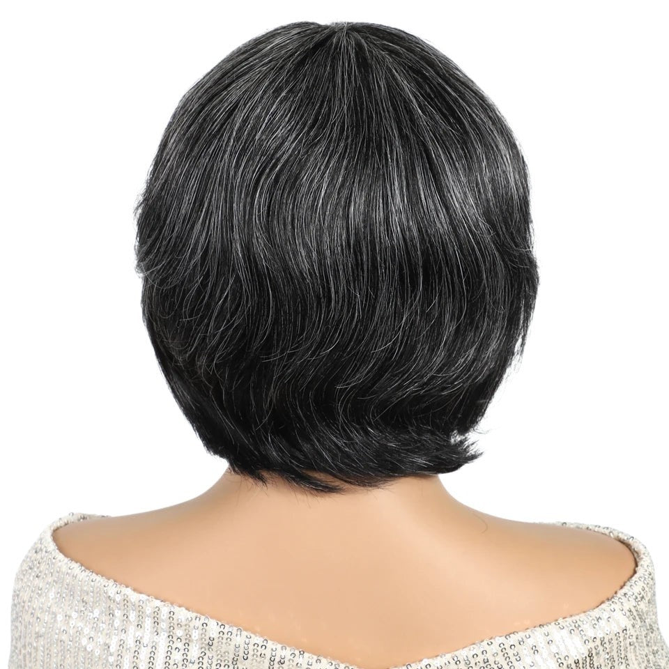 Back view of a RitzWigs salt and pepper gray short pixie bob human hair wig on a mannequin