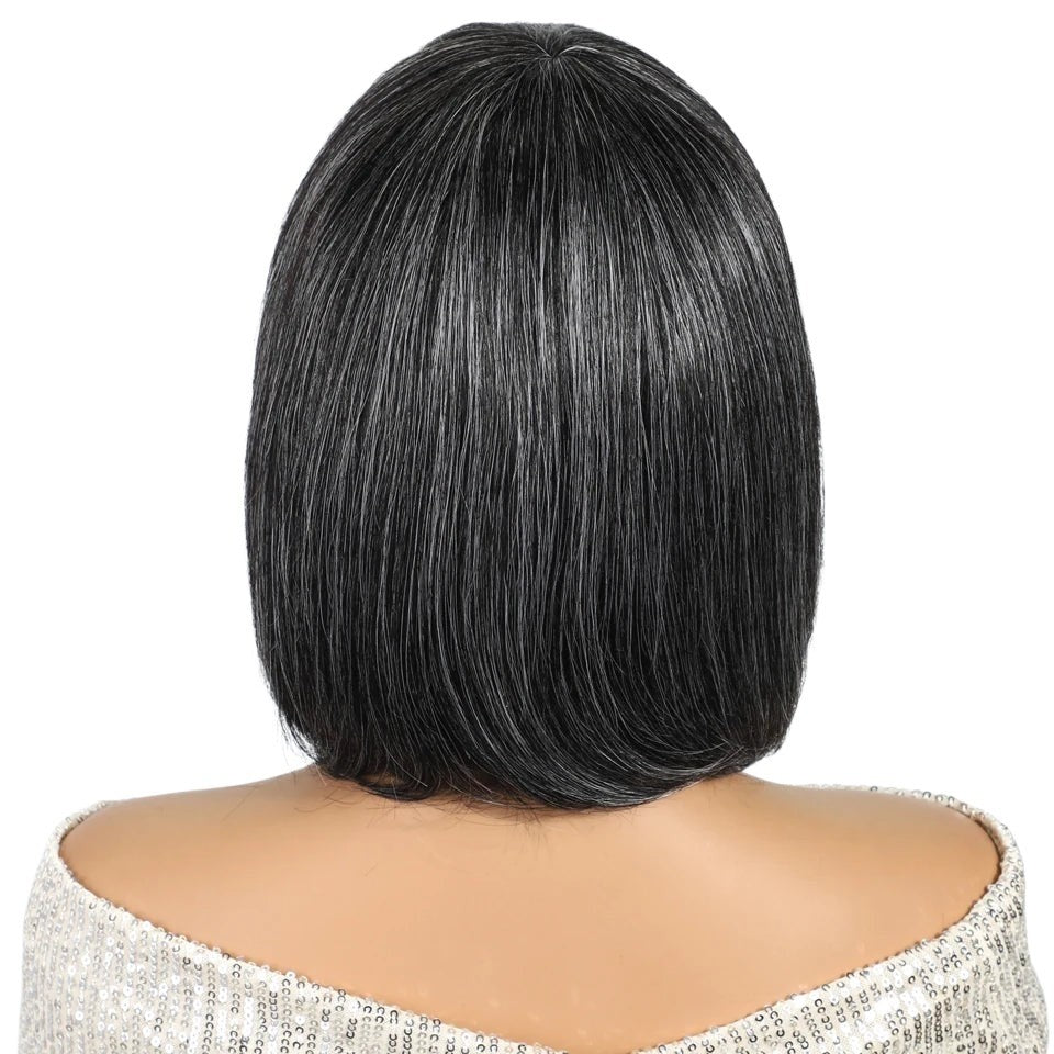 RitzWigs salt and pepper short straight bob wig made of 100% human Remy hair on a mannequin, back view
