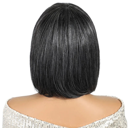 RitzWigs salt and pepper short straight bob wig made of 100% human Remy hair on a mannequin, back view