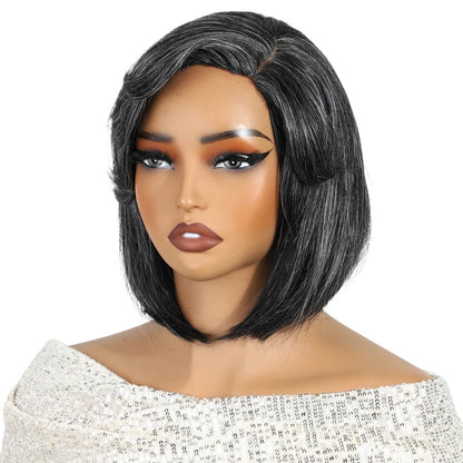 RitzWigs salt and pepper grey short straight bob wig with a side part on a mannequin head
