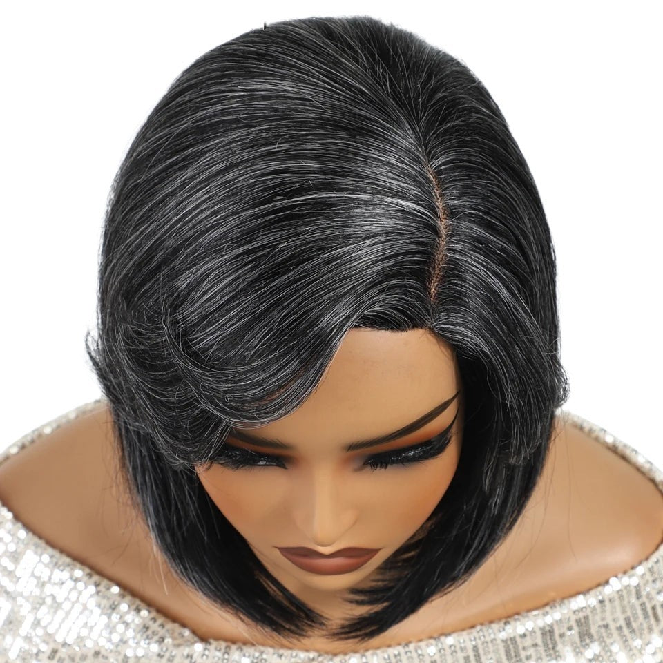 RitzWigs short straight bob wig in salt and pepper grey with a side part on a mannequin head