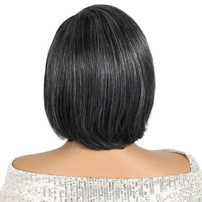 RitzWigs short straight bob wig in salt and pepper grey human hair with a natural side part