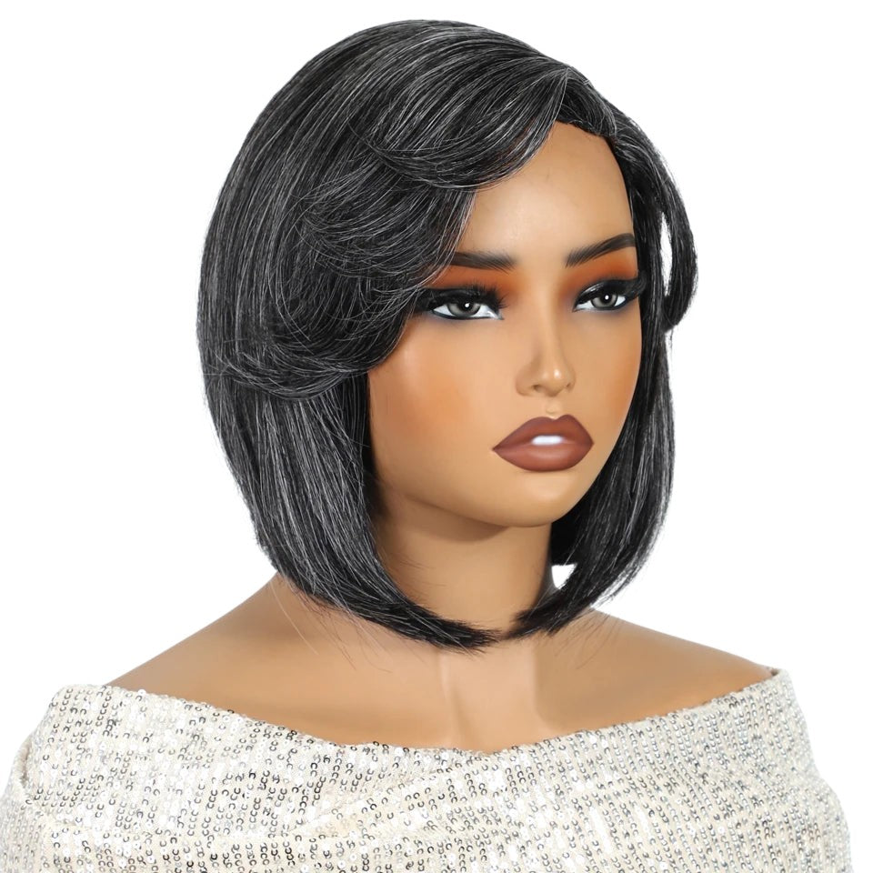 RitzWigs short straight bob wig in salt and pepper grey with a side part on a mannequin head