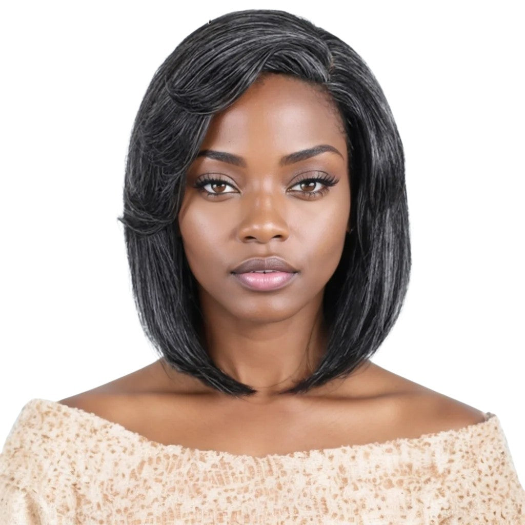 RitzWigs short straight bob wig in salt and pepper grey human hair with a side part on a model