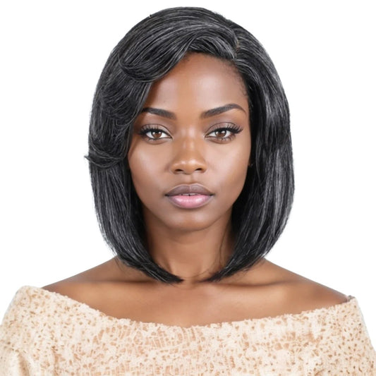 RitzWigs short straight bob wig in salt and pepper grey human hair with a side part on a model