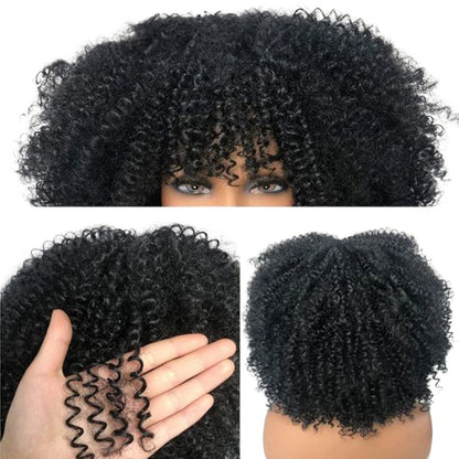 RitzWigs short afro kinky curly human hair wig with bangs, featuring 220% density for a full, fluffy natural look.