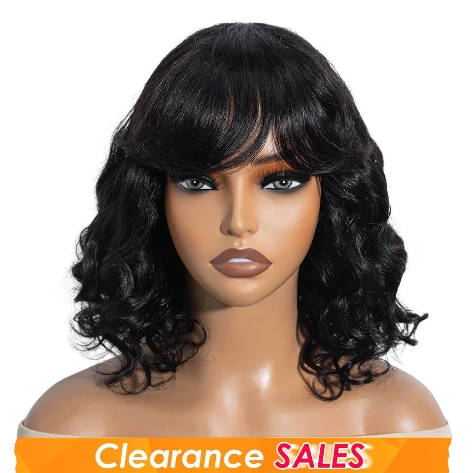 RitzWigs short black body wave bob wig with bangs on a mannequin head, made from natural Remy human hair.