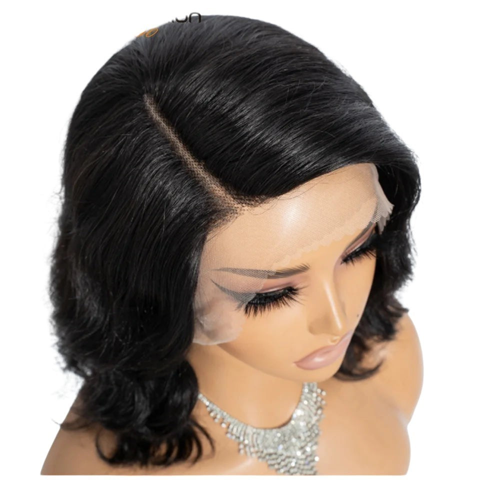 RitzWigs short black body wave human hair bob wig with transparent HD lace front on a mannequin head