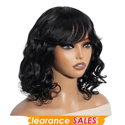 RitzWigs short black body wave bob human hair wig with bangs on a mannequin head