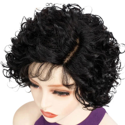 RitzWigs short natural black body wave bob human hair wig with 4x1 lace part on a mannequin head