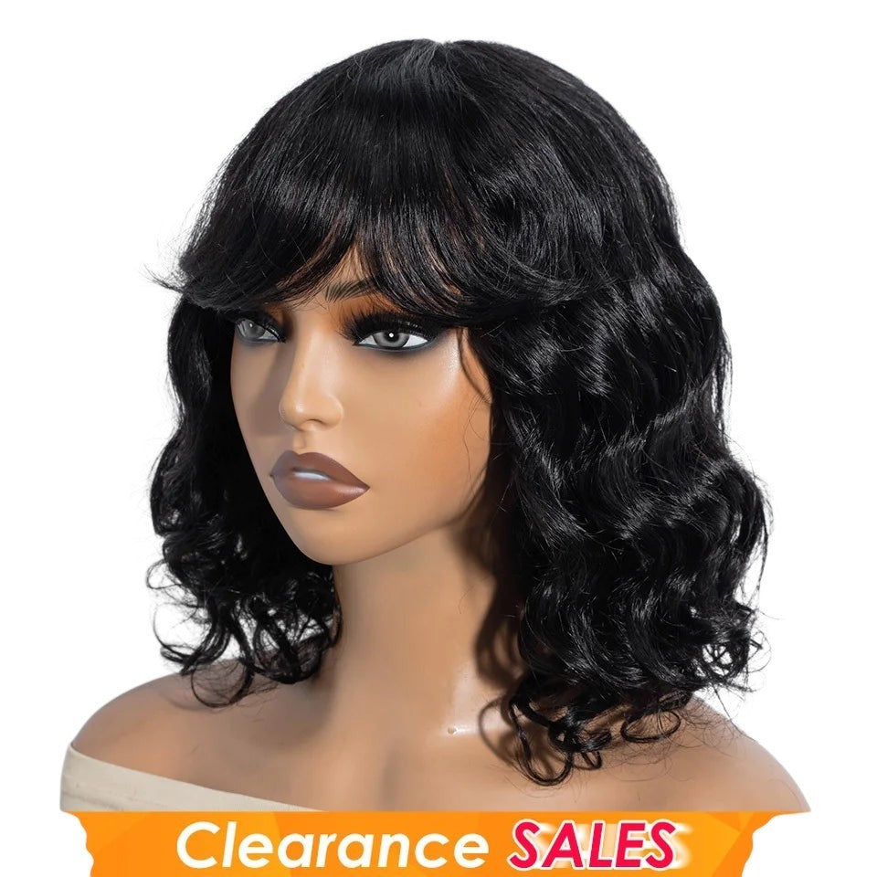 RitzWigs short black body wave human hair bob wig with bangs on a mannequin head