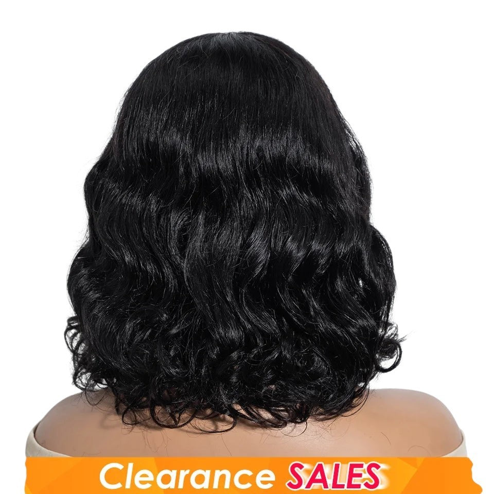 RitzWigs short black body wave bob human hair wig with natural texture on a mannequin head