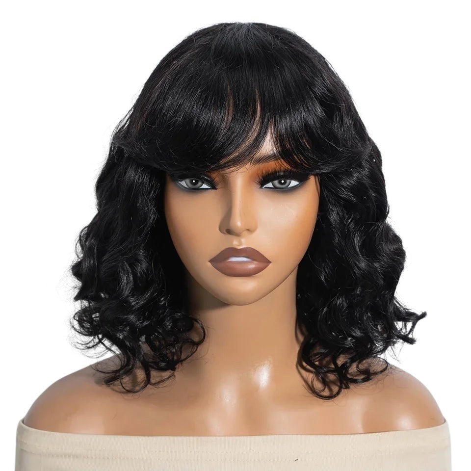 RitzWigs short black body wave bob human hair wig with bangs on a mannequin head
