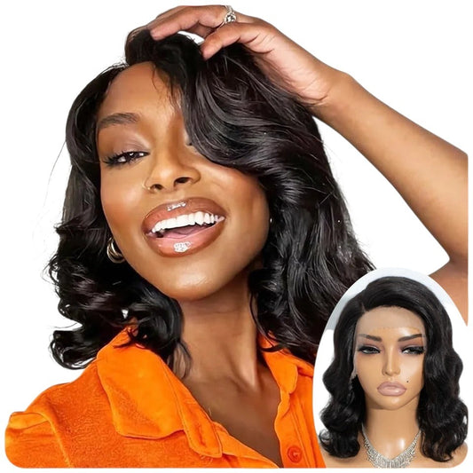 RitzWigs short black body wave bob human hair lace front wig worn by a smiling woman with a natural hairline