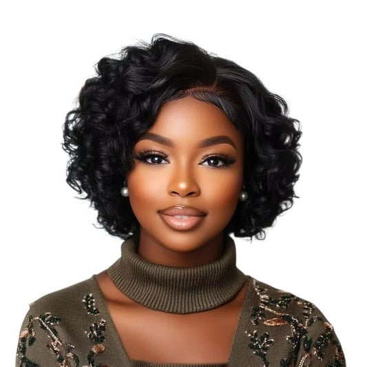 RitzWigs short black body wave bob human hair wig with lace front on a model wearing a green sweater