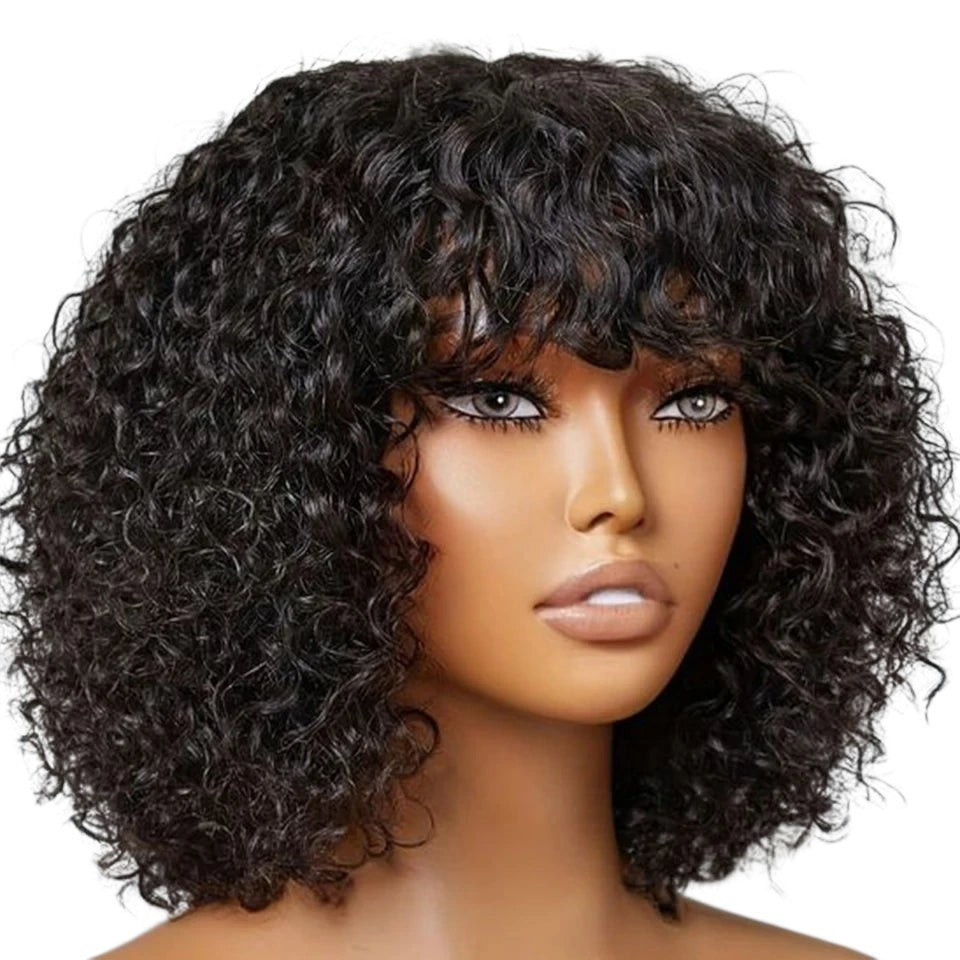 RitzWigs short black Jerry curly human hair bob wig with bangs on a mannequin head