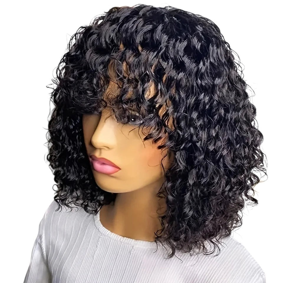 RitzWigs short black jerry curly human hair bob wig with bangs on a mannequin head