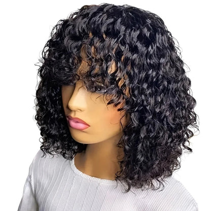 RitzWigs short black jerry curly human hair bob wig with bangs on a mannequin head