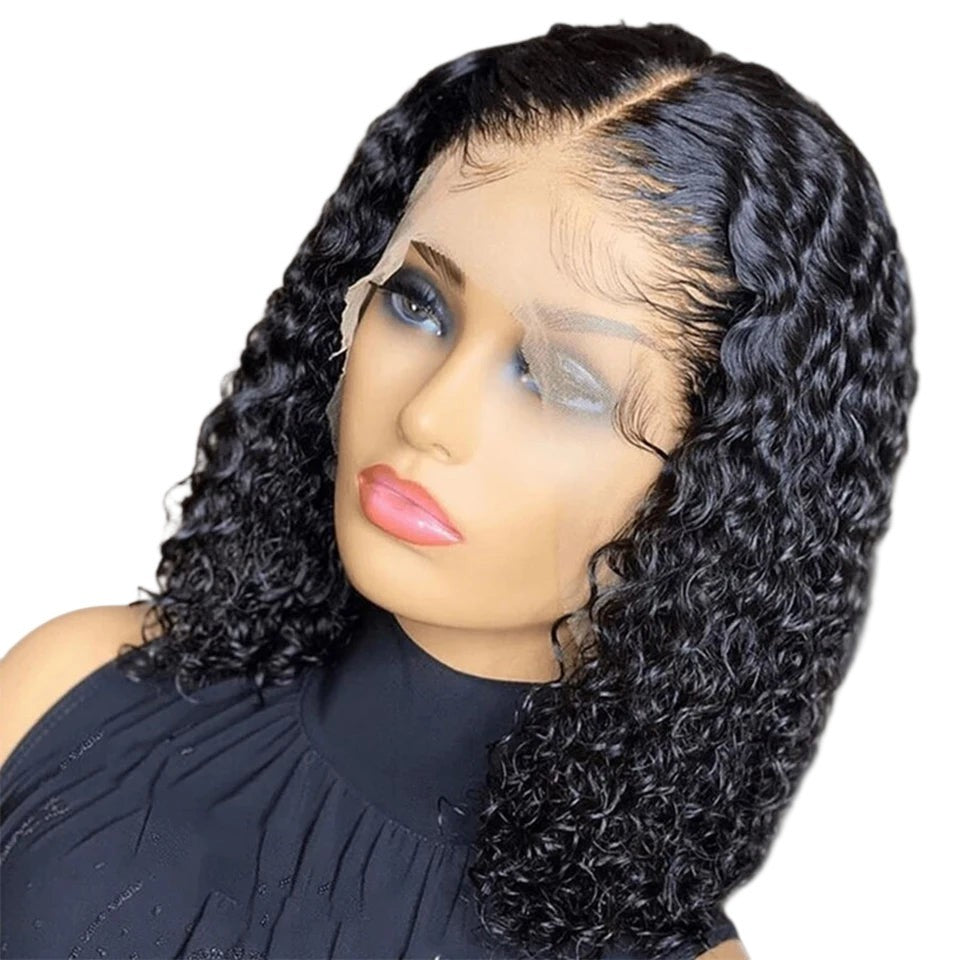 RitzWigs short black deep curly bob wig with transparent lace front on a mannequin